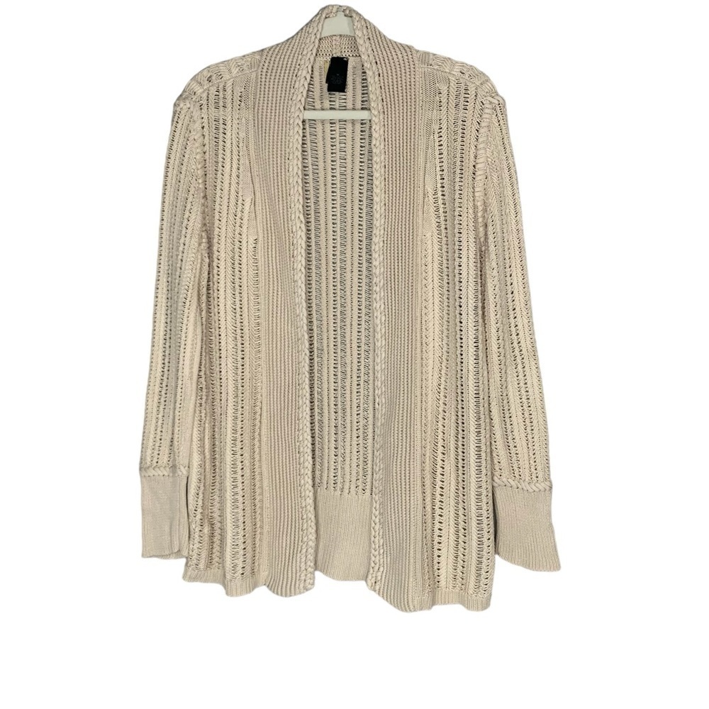 Magaschoni cream cotton/modal blend open front cable knit cardigan.‎ Size M